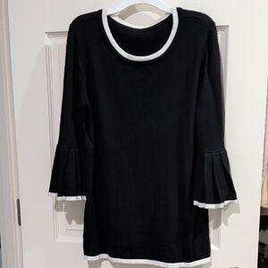 Black Cotton Sweater with White Trim and Bell Sleeves